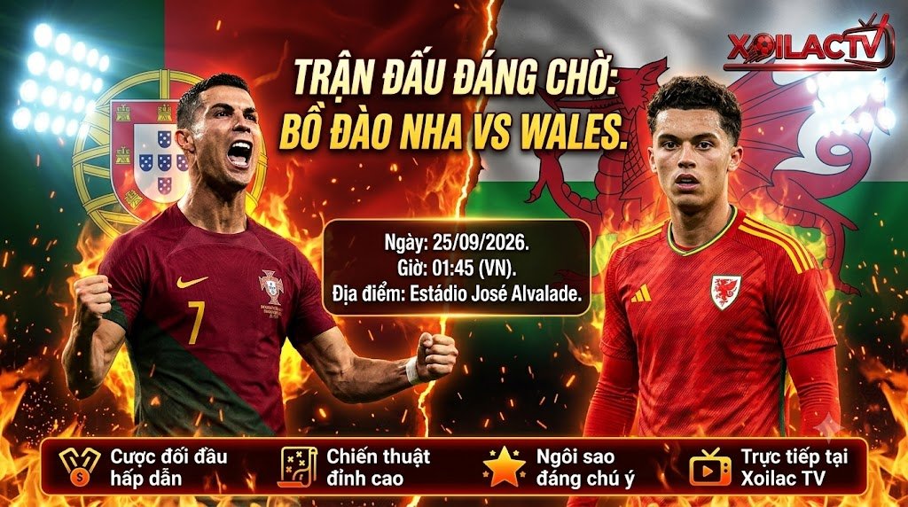 Poster nhận định trận đấu Bồ Đào Nha vs Xứ Wales tại UEFA Nations League 2026 cùng chuyên gia Xoilac TV.
