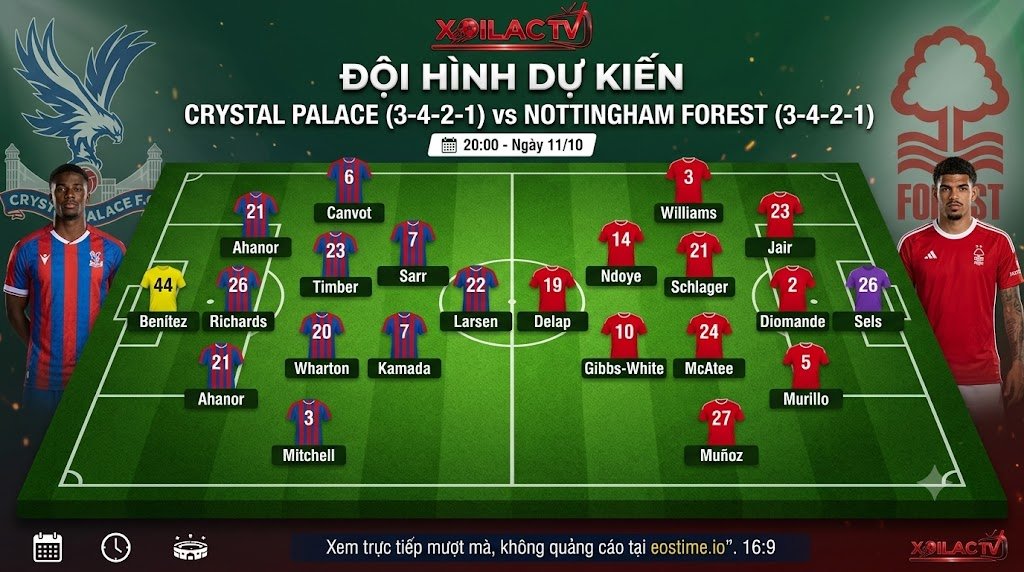 Sơ đồ đội hình dự kiến Crystal Palace vs Nottingham Forest vòng 6 Premier League - Xem trực tiếp bóng đá chất lượng cao tại Xoilac TV.